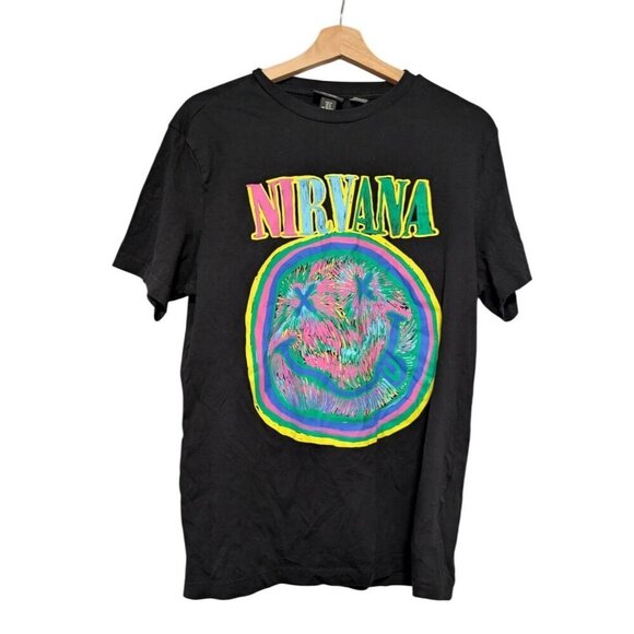H&M x Nirvana Smiley Face Smile Black Graphic Tee Shirt Mens Size M - Picture 1 of 7